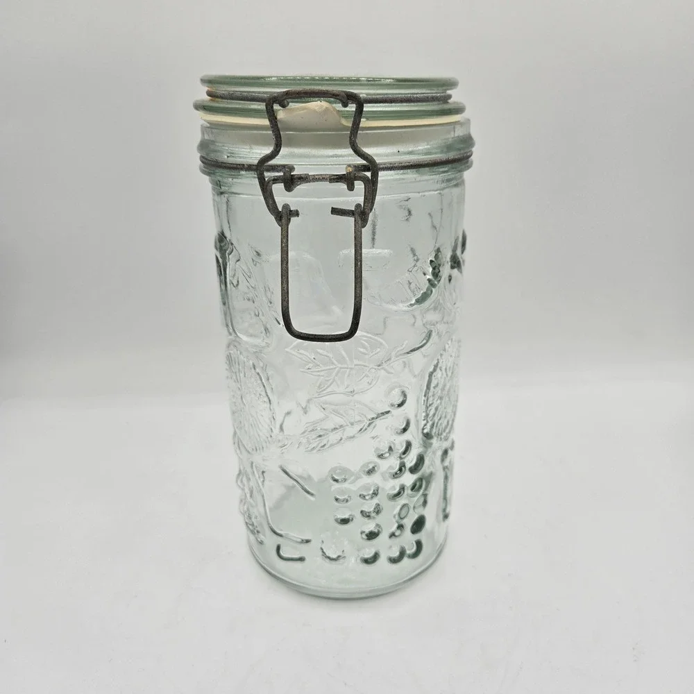 Fruit Embossed Clear Glass Canister with‎ Flip Top Vtg Jar Storage Container